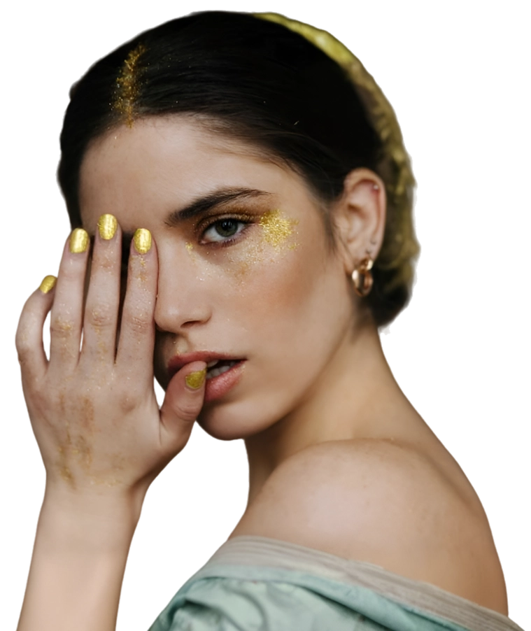 Close up attractive girl white interested woman posing golden